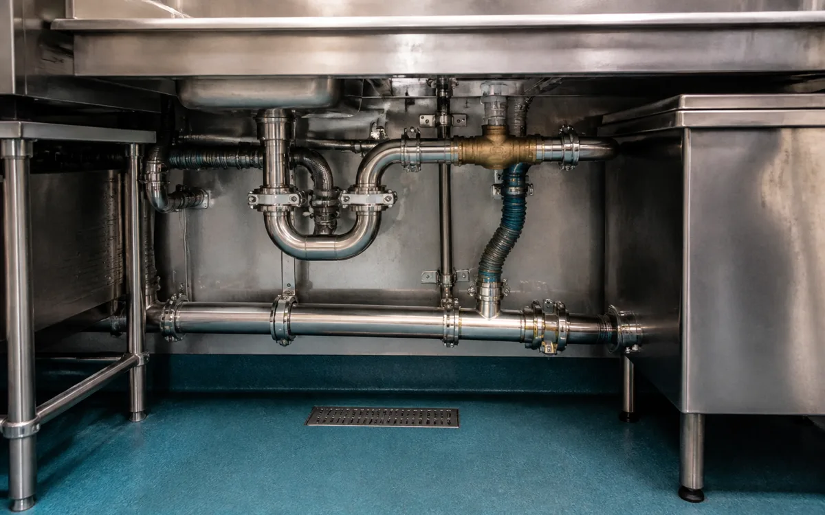 Clean jetted drain line and newly fitted grease trap pipework after the overhaul