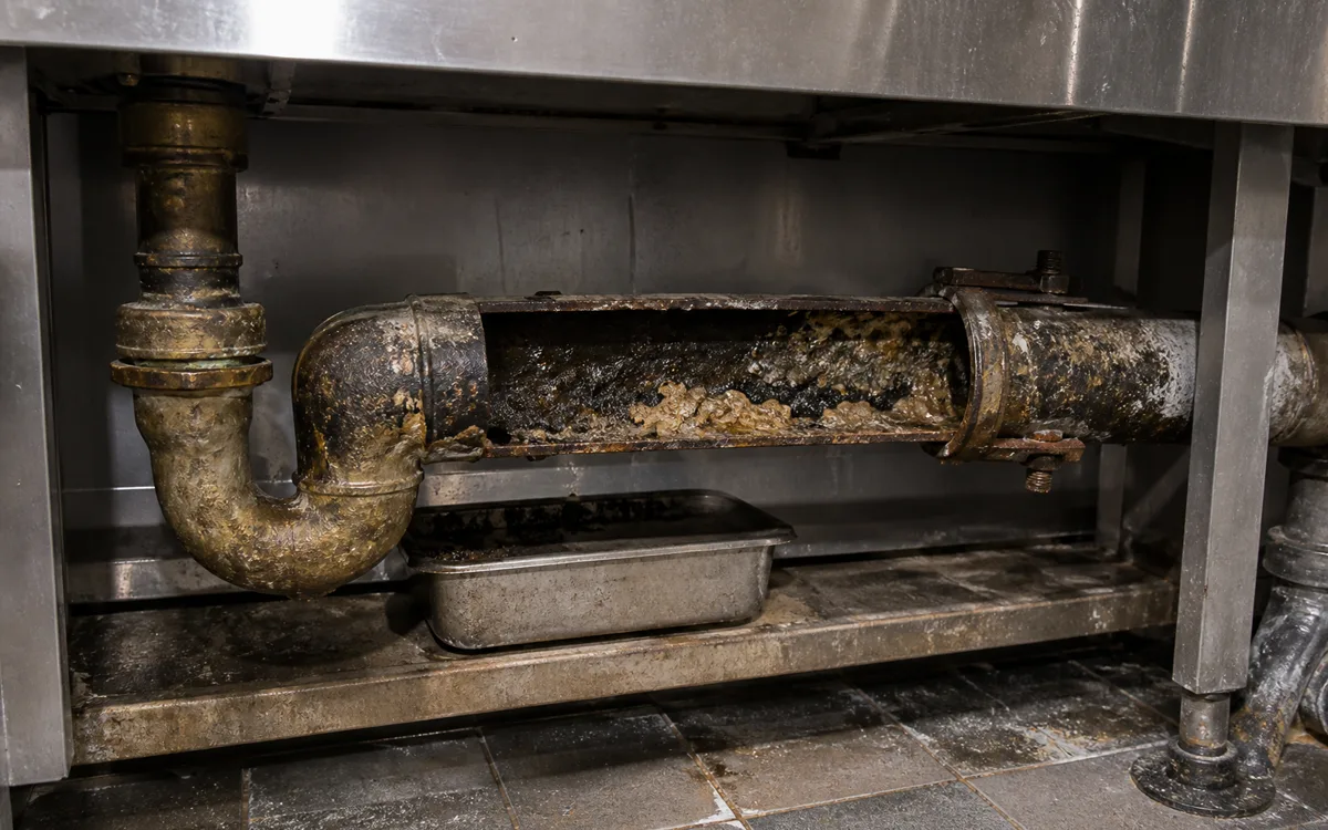 Grease-scaled commercial kitchen drain line narrowed to half its bore before jetting