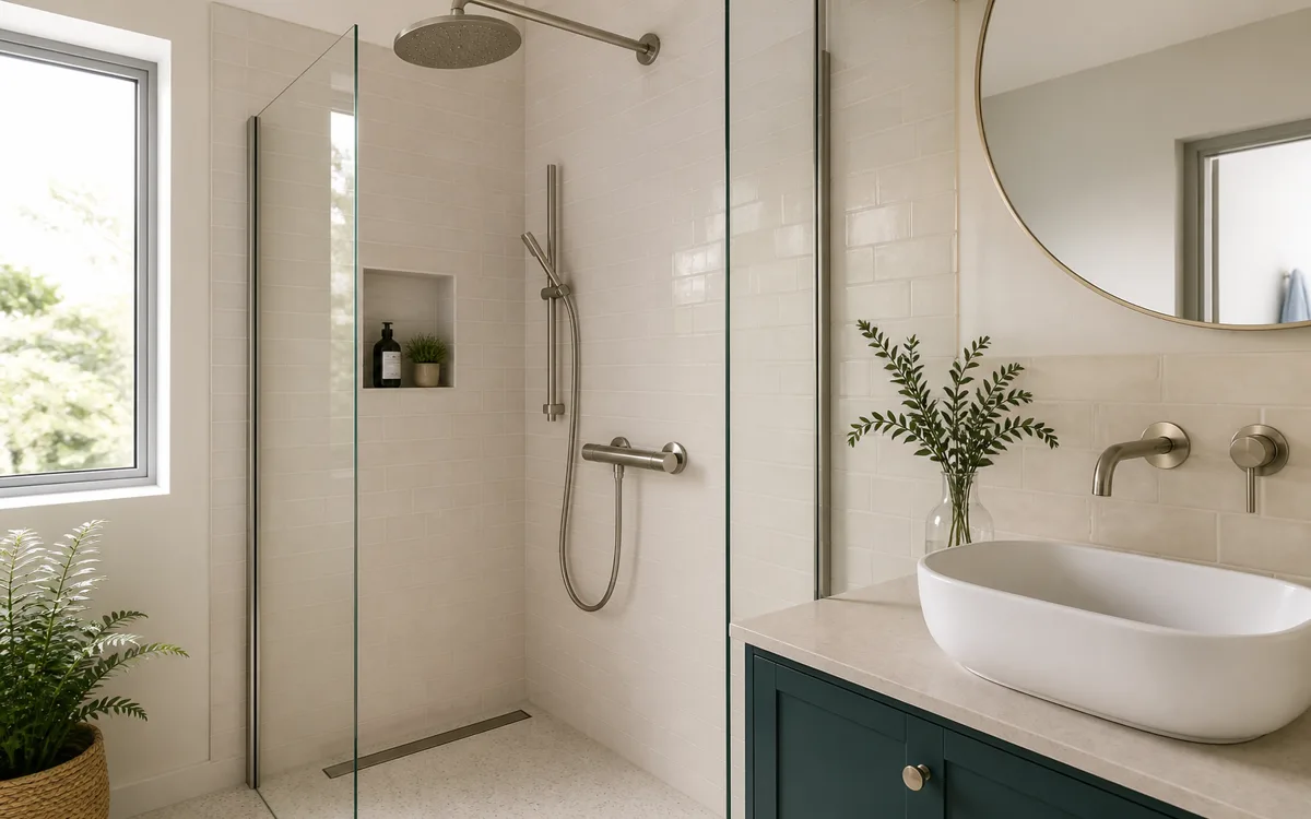 Finished walk-in shower with rainfall head and thermostatic controls after plumbing completion
