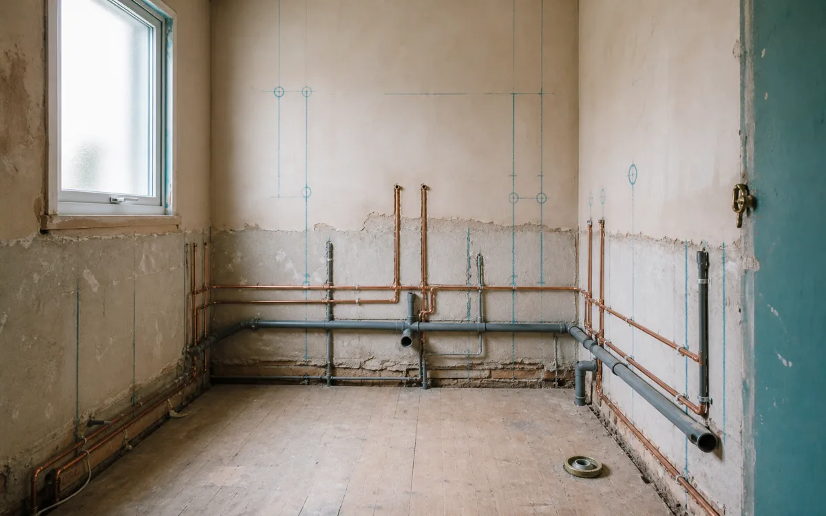 Bare stud wall and floorboards with first-fix pipework marked out before the ensuite build