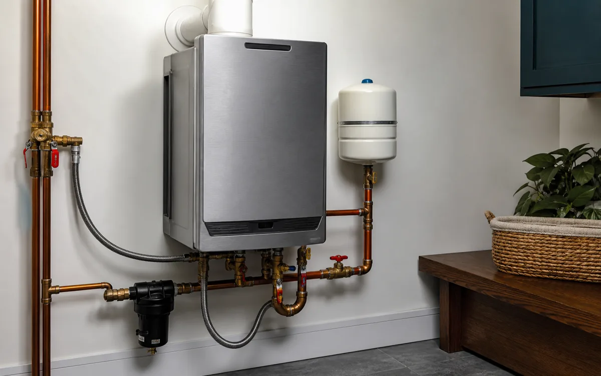 New wall-mounted tankless water heater with clean valved pipework after installation