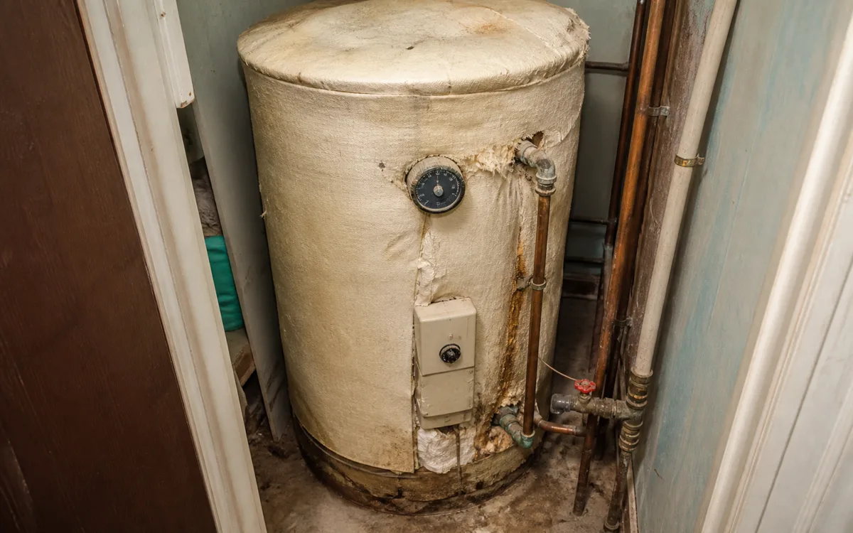 Old scaled hot water cylinder with corroded pipework before removal