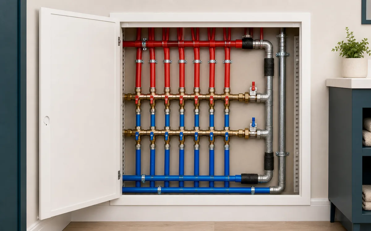 New red and blue PEX pipe runs neatly clipped in parallel rows after the repipe