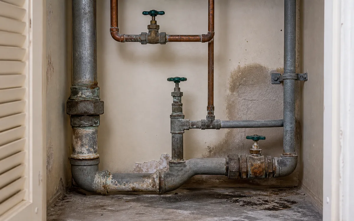 Corroded galvanized steel pipe section with rust scale and a weeping joint, before replacement