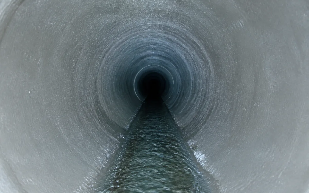 Camera view of the same sewer after relining, showing a smooth continuous bore