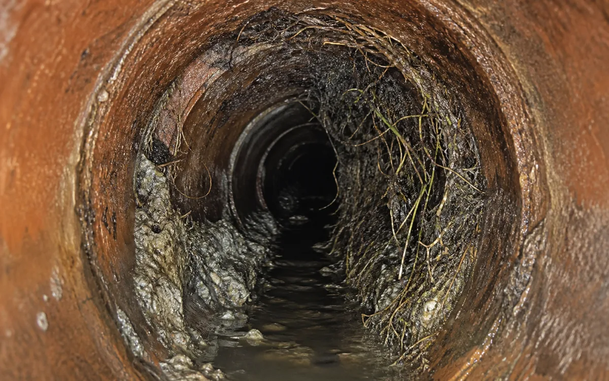 Camera view of a clay sewer pipe with tree roots entering through a joint before relining
