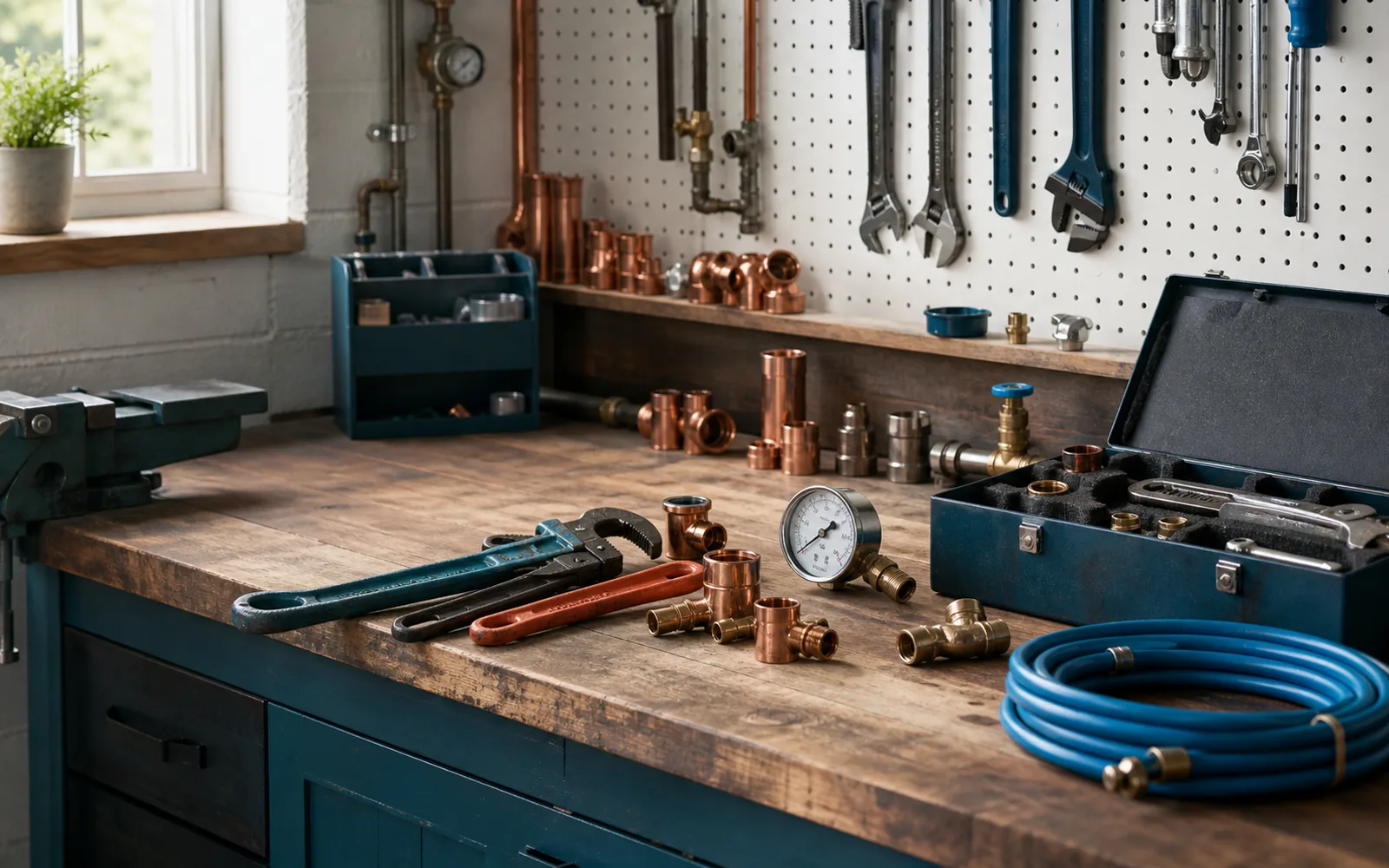 Mainline Plumbing Co. workshop bench with pipe wrenches, a coiled hose, a pressure gauge, and stocked fittings